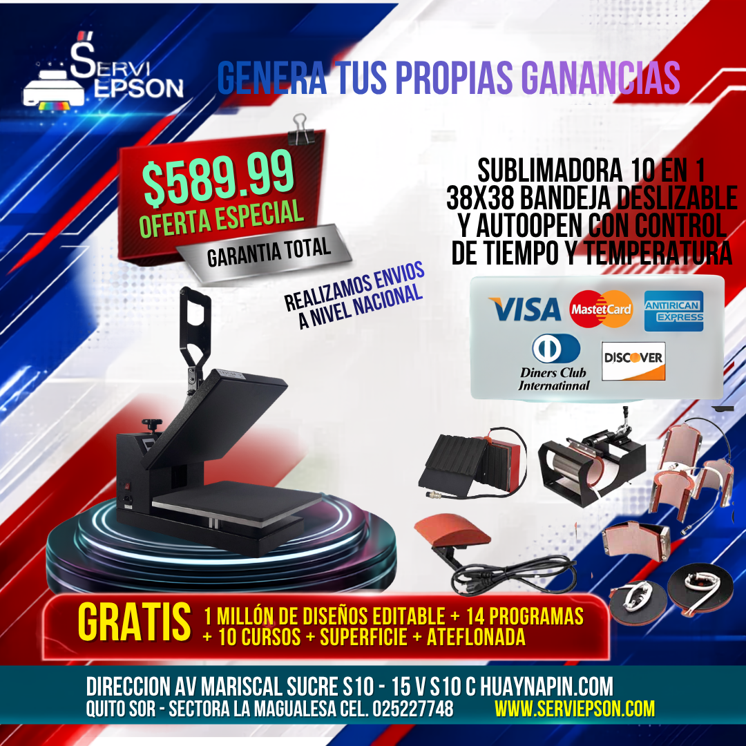 SUBLIMADORA 10 EN 1 38X38 BANDEJA DESLIZABLE Y AUTOOPEN CON CONTROL DE TIEMPO Y TEMPERATURA
