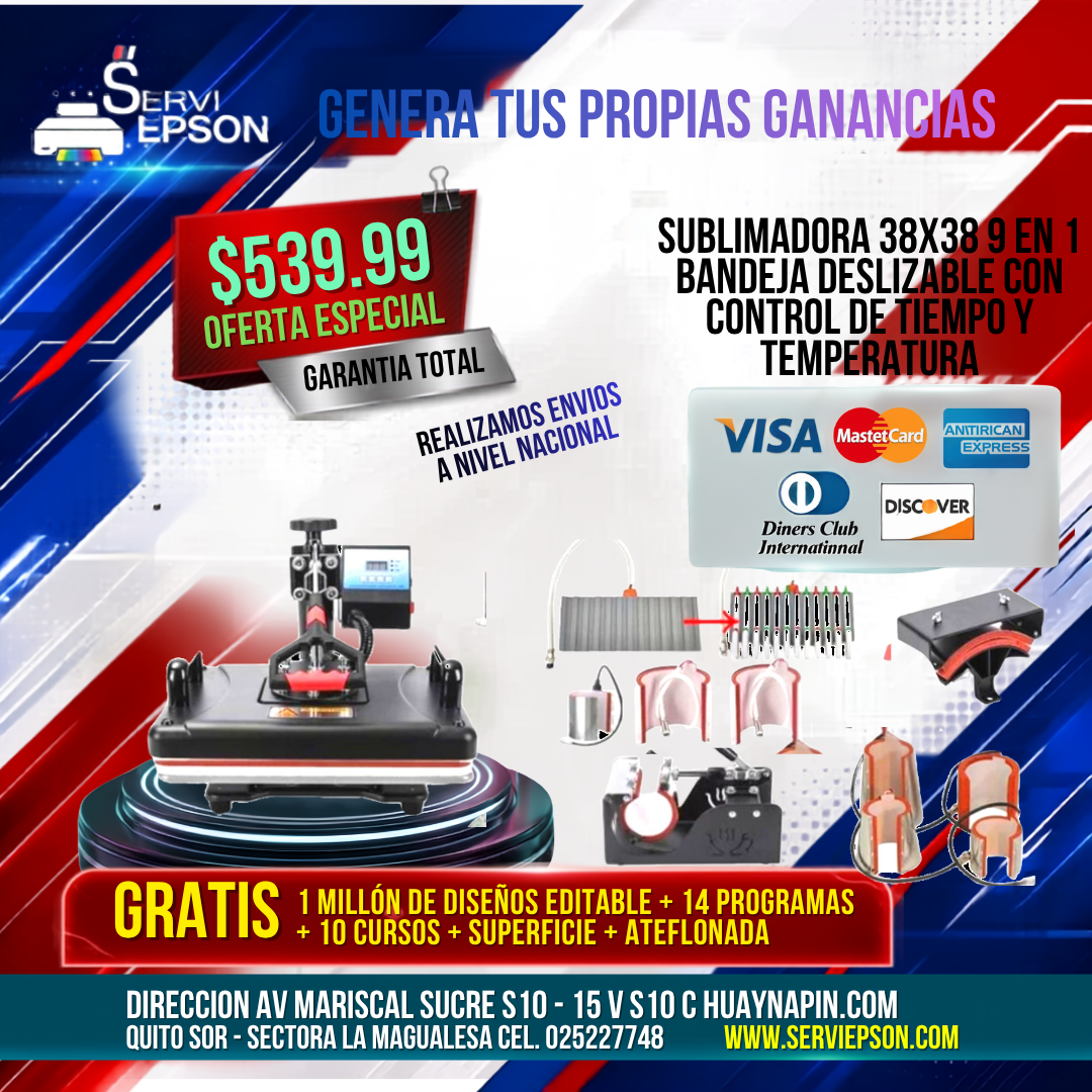 SUBLIMADORA 38X38 9 EN 1 BANDEJA DESLIZABLE CON CONTROL DE TIEMPO Y TEMPERATURA