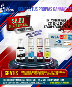 TINTAS ORIGINALES PARA IMPRESORAS EPSON L3110-L3150-L4160-XP440-XP440-XP600-L355-L455
