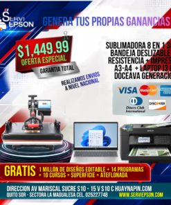 SUBLIMADORA 8 EN 1  38X38 BANDEJA DESLIZABLE + 7 RESISTENCIA + IMPRESORA A3-A4 IMPRESION HASTA 112cm DE LARGO EPSON TINTA SUBLIMACION + LAPTOP I3 DE DOCEAVA GENERACION 8 RAM 512 DISCO SOLIDO WINDOWS 11 14" HD