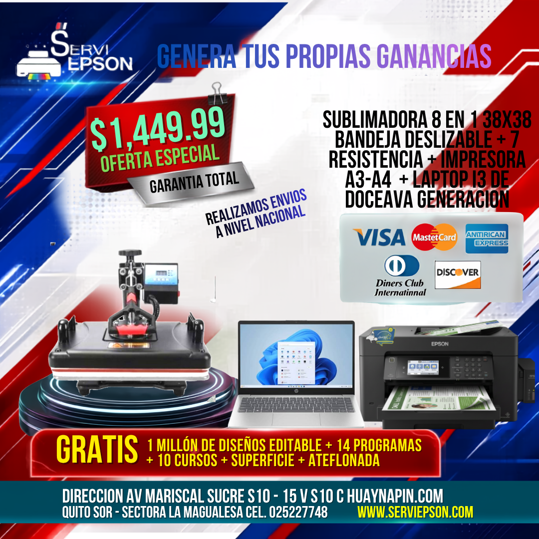 SUBLIMADORA 8 EN 1 38X38 BANDEJA DESLIZABLE + 7 RESISTENCIA + IMPRESORA A3-A4 + LAPTOP I3 DE DOCEAVA GENERACION
