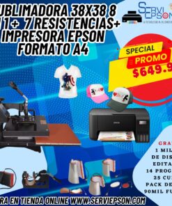 SUBLIMADORA 8 EN 1 PLANCHA 38*38 BANDEJA DEZLIZABLE + 7 RESISTENCIA+ IMPRESORA L1250 A4 DE SUBLIMACION