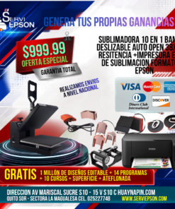 SUBLIMADORA 10 EN 1 BANDEJA DESLIZABLE AUTO OPEN 38X38+9 RESITENCIA +IMPRESORA EPSON DE SUBLIMACION FORMATO A4 EPSON