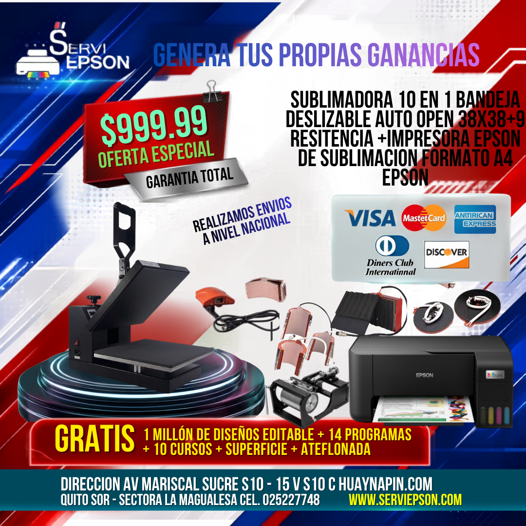 SUBLIMADORA 10 EN 1 BANDEJA DESLIZABLE AUTO OPEN 38X38+9 RESITENCIA +IMPRESORA EPSON DE SUBLIMACION FORMATO A4 EPSON