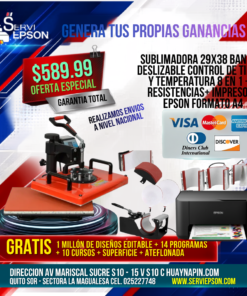 SUBLIMADORA 29X38 BANDEJA DESLIZABLE CONTROL DE TIEMPO Y TEMPERATURA 8 EN 1 + 7 RESISTENCIAS+ IMPRESORA EPSON FORMATO A4