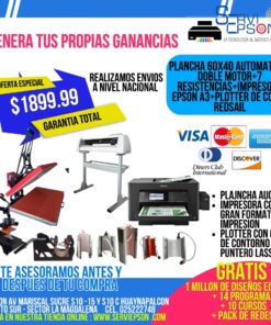 PLANCHA DE SUBLIMACION 60X40 DOBLE MOTOR AUTOMATICA+7 RESISTENCIAS + IMPRESORA EPSON FORMATO A3+ PLOTTER DE CORTE CON CORTE DE CONTORNO Y PUNTERO LASSER