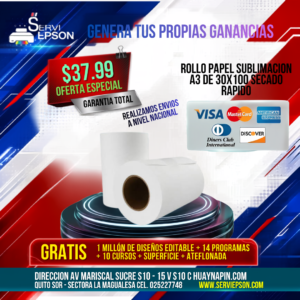 ROLLO PAPEL SUBLIMACION A3 DE 30X100 SECADO RAPIDO