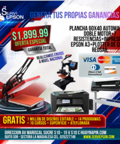 PLANCHA DE SUBLIMACION 60X40 DOBLE MOTOR AUTOMATICA+7 RESISTENCIAS + IMPRESORA EPSON FORMATO A3+ PLOTTER DE CORTE CON CORTE DE CONTORNO Y PUNTERO LASSER
