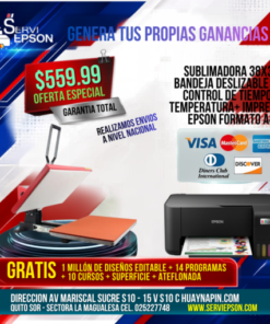 SUBLIMADORA 38X38 BANDEJA DESLIZABLE CON CONTROL DE TIEMPO Y TEMPERATURA+ IMPRESORA EPSON FORMATO A4