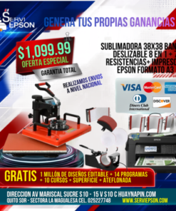SUBLIMADORA 38X38 BANDEJA DESLIZABLE CONTROL DE TIEMPO Y TEMPERATURA 8 EN 1 + 7 RESISTENCIAS+ IMPRESORA EPSON FORMATO A3